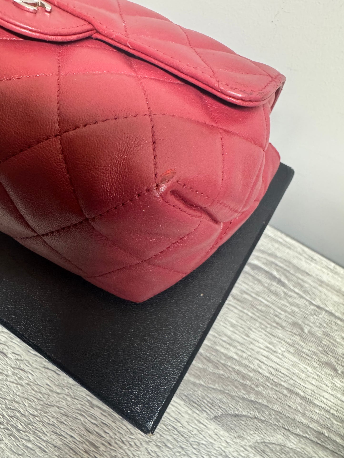 Preloved Chanel - Mark Mini Red lambskin leather Pouch. Silver tone hardware.