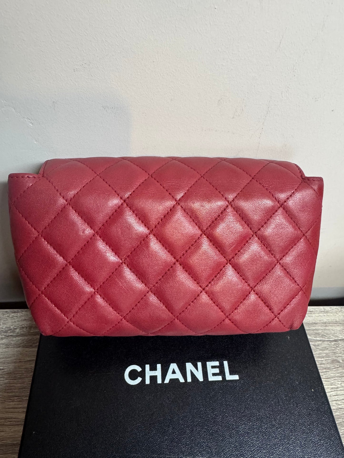 Preloved Chanel - Mark Mini Red lambskin leather Pouch. Silver tone hardware.
