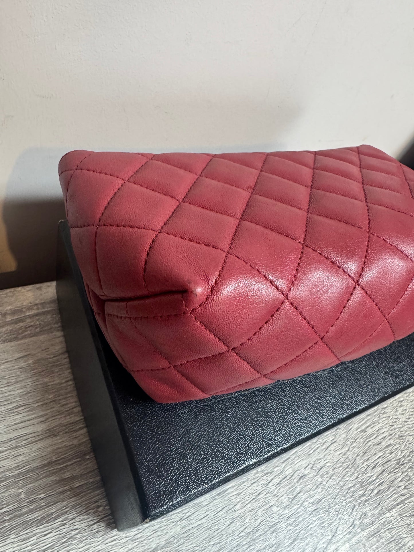 Preloved Chanel - Mark Mini Red lambskin leather Pouch. Silver tone hardware.