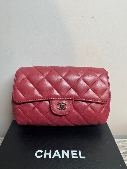 Preloved Chanel - Mark Mini Red lambskin leather Pouch. Silver tone hardware.