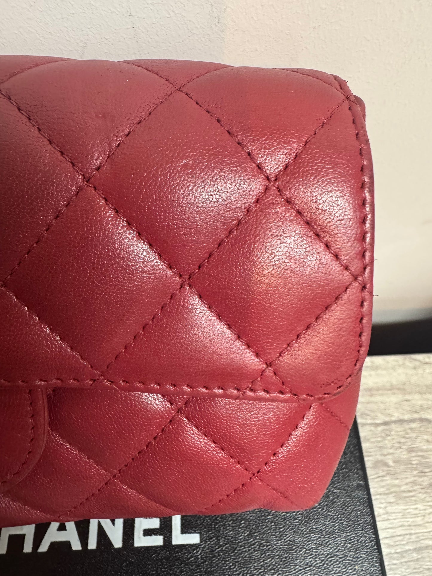 Preloved Chanel - Mark Mini Red lambskin leather Pouch. Silver tone hardware.