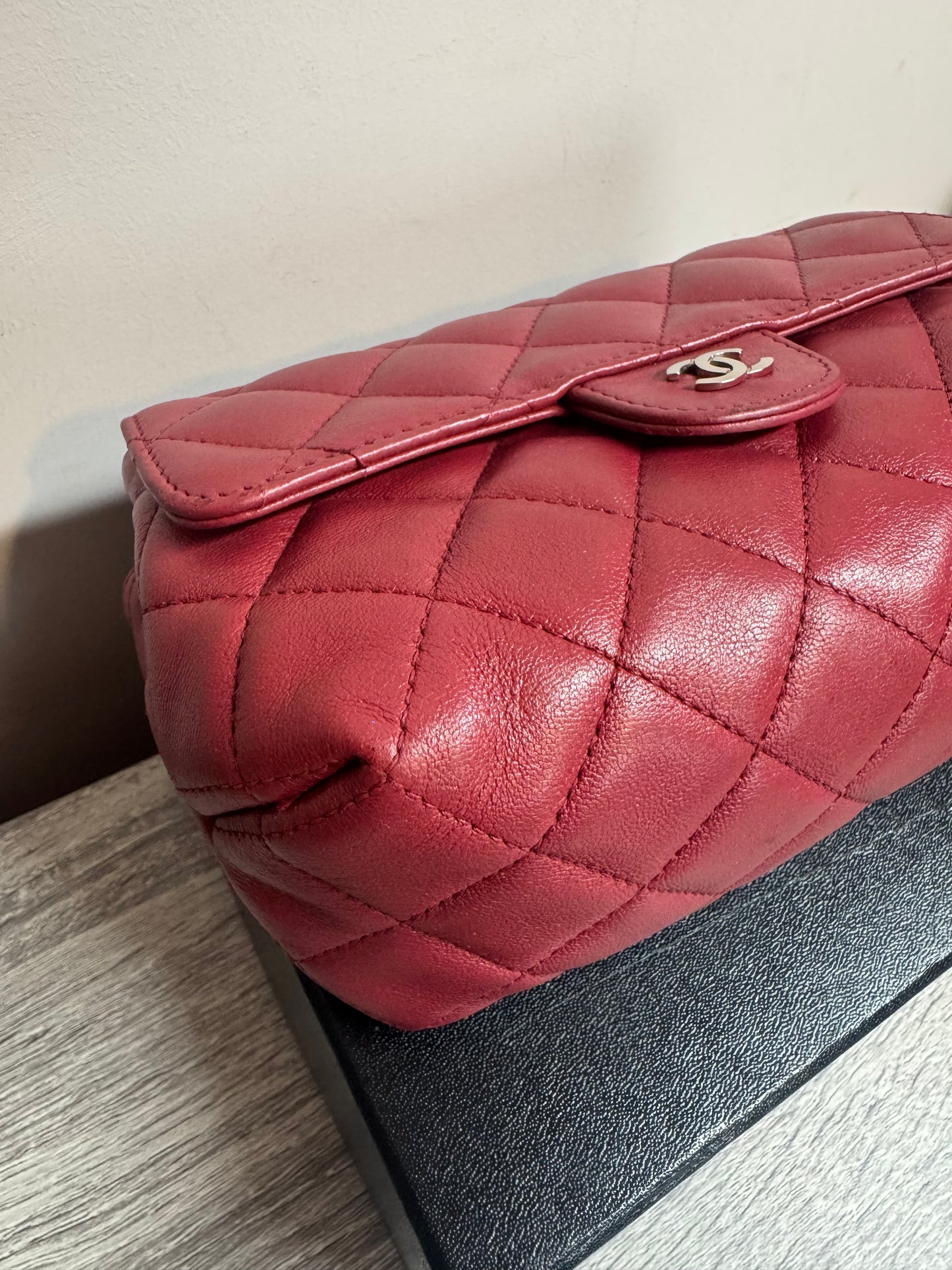 Preloved Chanel - Mark Mini Red lambskin leather Pouch. Silver tone hardware.