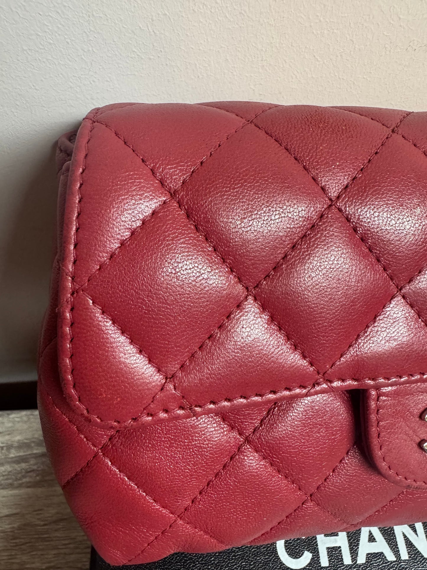 Preloved Chanel - Mark Mini Red lambskin leather Pouch. Silver tone hardware.