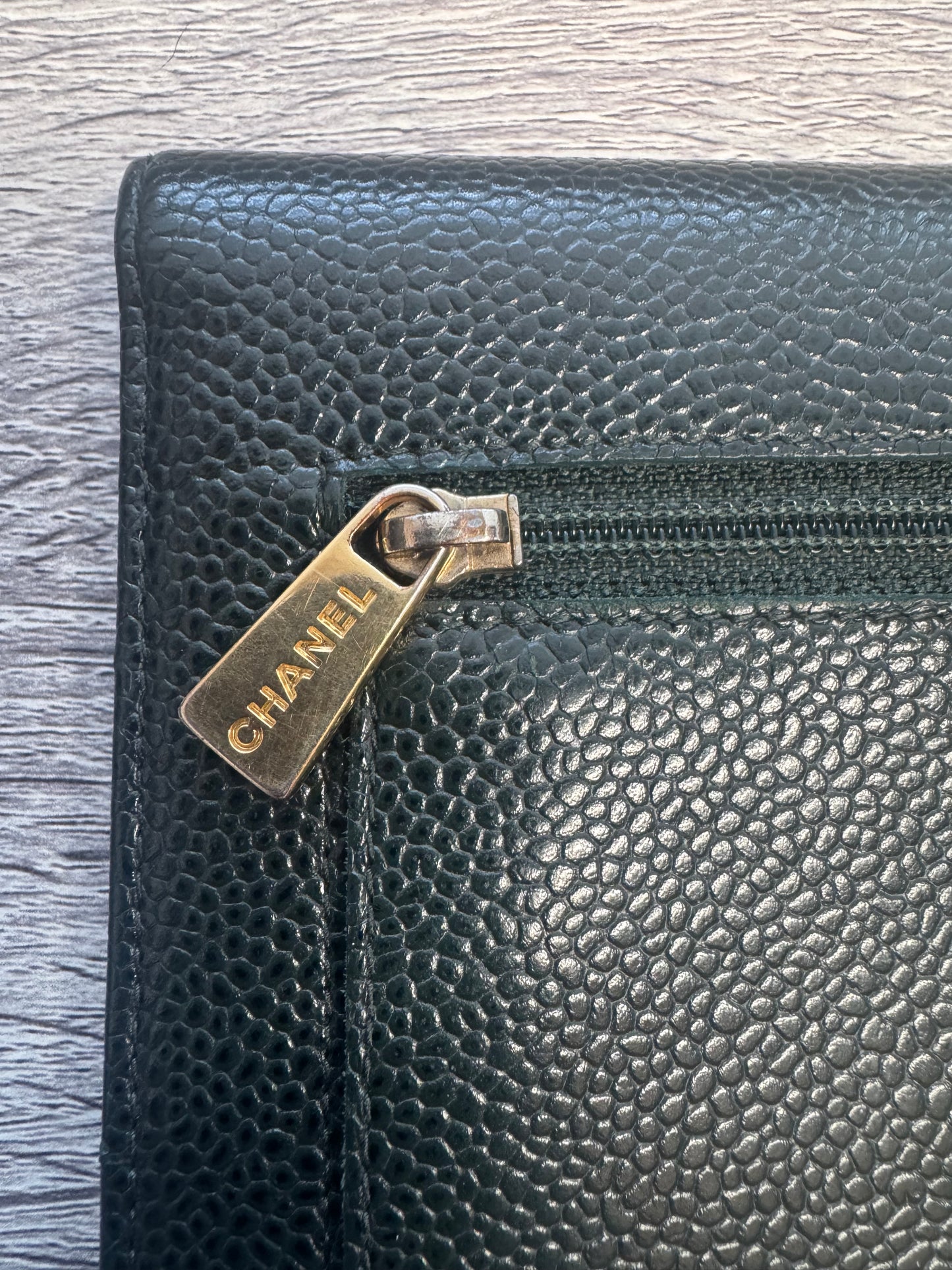 Preloved Chanel CC Dark Green Trifold Caviar Leather Wallet/Purse